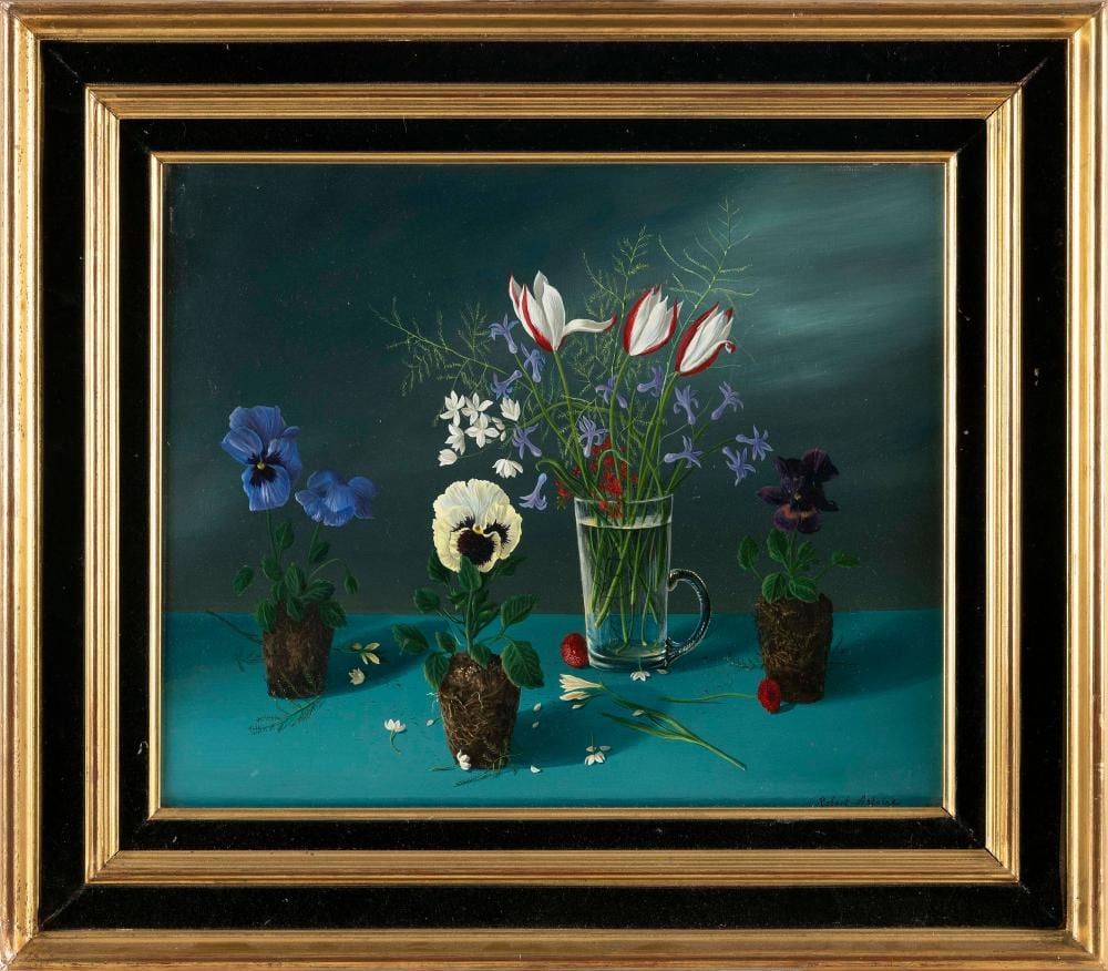 Robert Antoine comparable auction result: robert antoine france 1932 2006 tabletop still life of pansies and other flowers oil on canvas 15 x 18 framed 22 x 25