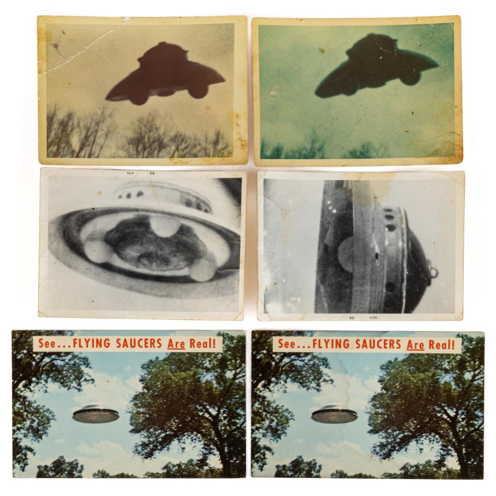 VINTAGE FLYING SAUCER / UFO PHOTOGRAPHS AND POST CARDS, LOT OF SIX sold by Jeffrey S. Evans & Associates, lot 1477 — auction record photograph