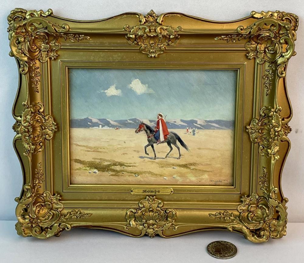 Jules Monge comparable auction result: jules monge french 1855 1934 fantasia arabic horseman in the desert oil on board painting gold gild framed