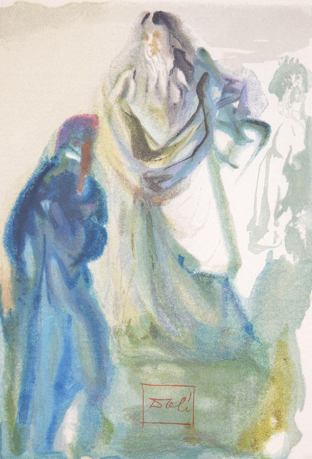 Color print showing two robed figures, one in white with a dark headdress and another figure to the right, set against a light background.