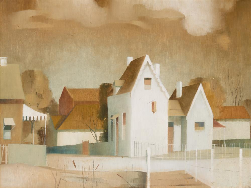 Dorothy Atkins comparable auction result: dorothy atkins 1914 1997 suburban street scene oil on board 44 5 x 60 cm frame 58 x 74 x 3 cm
