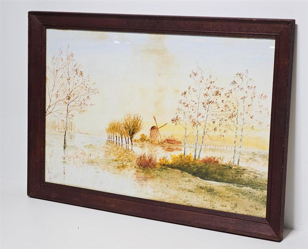 Jan DeLeener comparable auction result: jan de leener 1873 1944 landscape and windmill watercolour af foxing 39 x 59 cm frame 57 x 67 x 3 cm