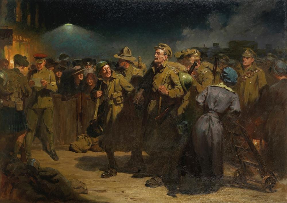 fred roe british 1865 1947 the return of the victors waterloo station · Bonhams · 2024-02-14 Fred Roe comparable auction result: fred roe british 1865 1947 the return of the victors waterloo station