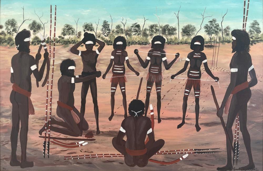 Goobalathaldin comparable auction result: dick roughsey 1920 1985 ceremony 1971 oil on board 44 x 67 cm frame 53 x 76 cm signed roughsey lower right