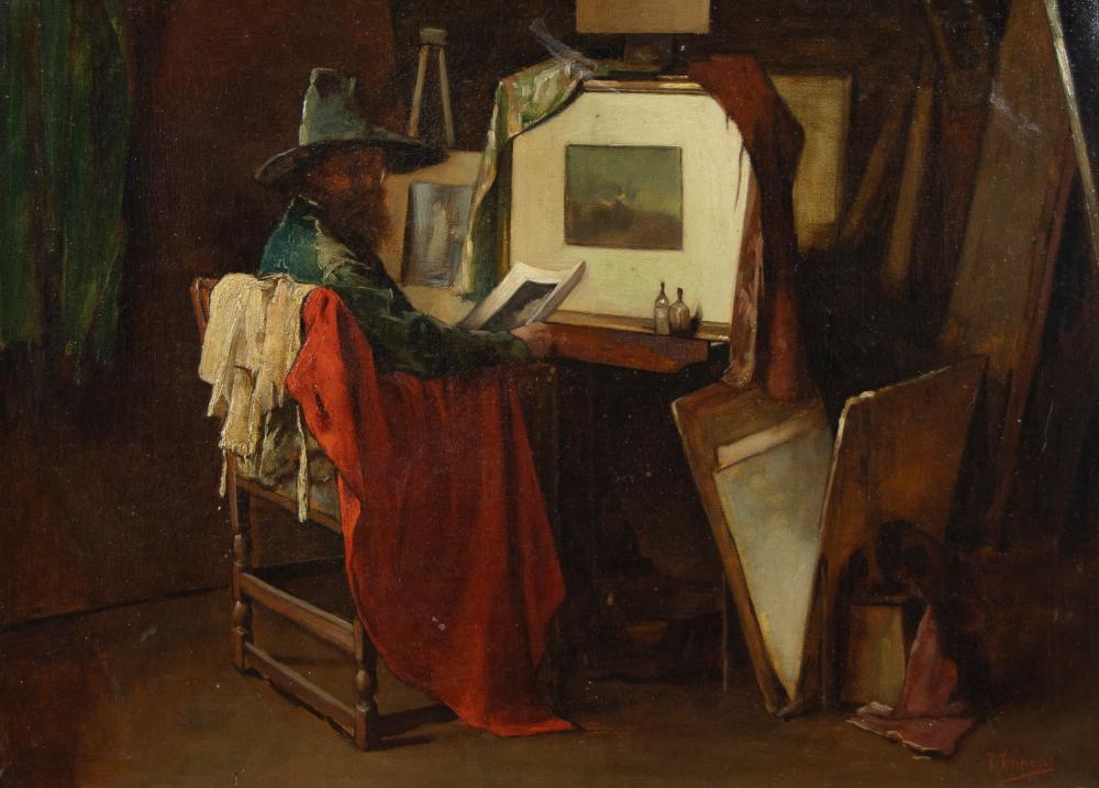 Josse Impens comparable auction result: josse impens 1840 1905 oil on canvas reading man with hat signed