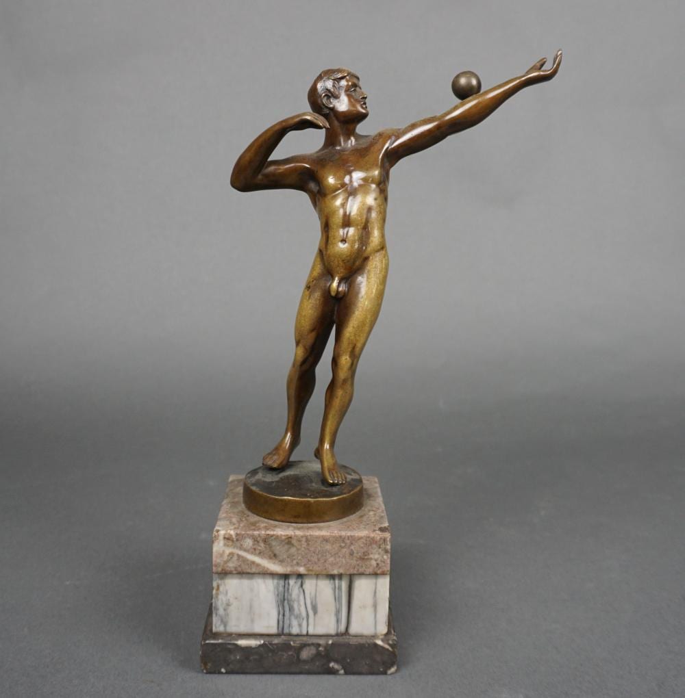 Wilhelm Volz comparable auction result: wilhelm volz german 1855 1901 figure of a man bronze sculpture on a marble plinth h overall 11 1 4 in 28 6 cm