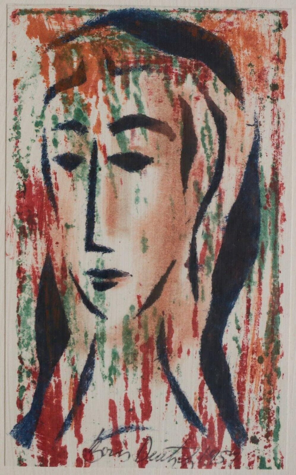 boris deutsch russian 1892 1978 lithograph in color abstract portrait of woman · Global Auctions Company · 2024-03-03 Boris Deutsch comparable auction result: boris deutsch russian 1892 1978 lithograph in color abstract portrait of woman