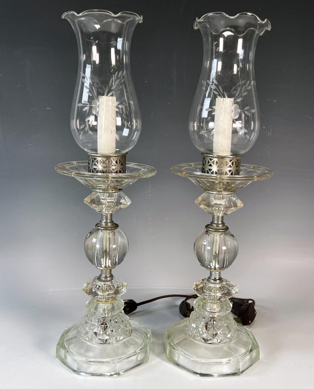 PAIR ELECTRIC GLASS HURRICANE LAMPS sold by Converse Auctions, lot 27 — auction record photograph