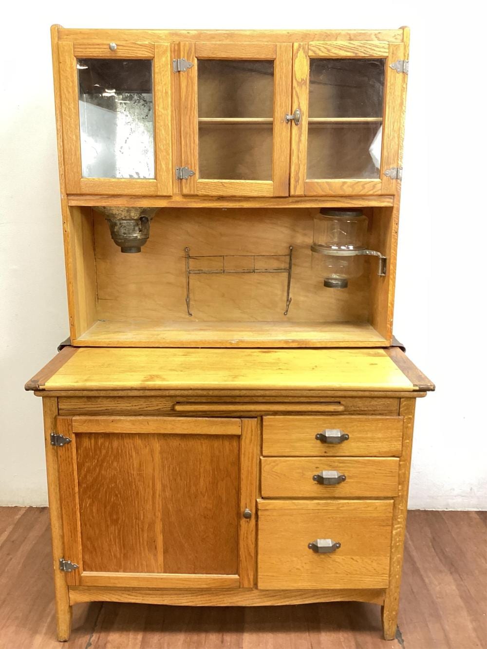 (2pc) Antique Hoosier 3-drawer Oak & Pine Cabinet sold by EJ'S Auction & Appraisal, lot 2146 — auction record photograph