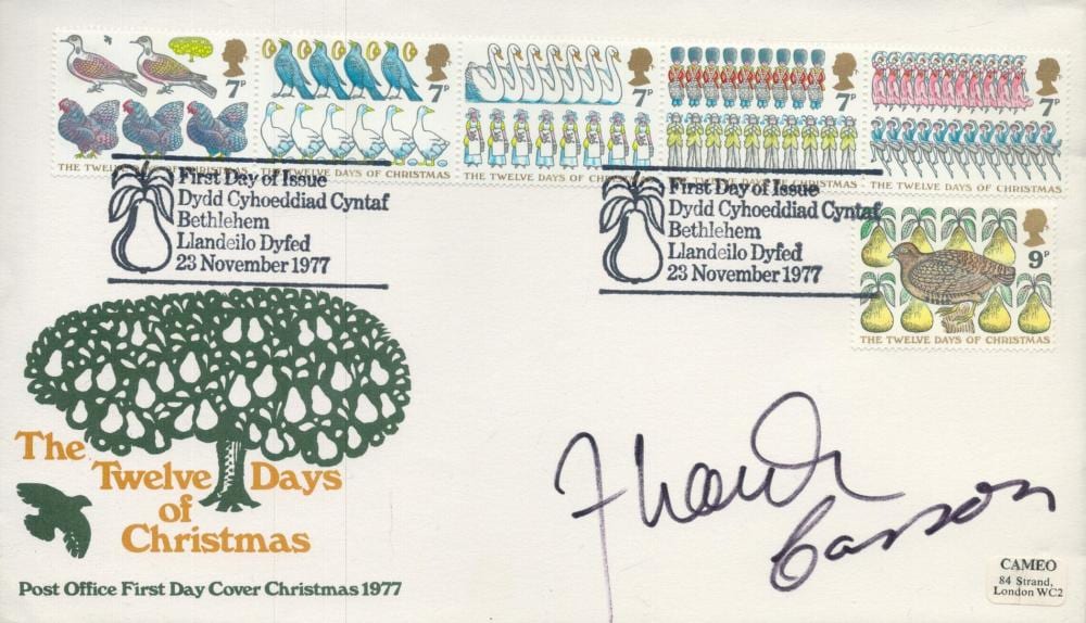 frank carson signed the twelve days of christmas post office fdc christmas 1977 double pm first · Chaucer Auctions · 2024-02-14 Frank Carson comparable auction result: frank carson signed the twelve days of christmas post office fdc christmas 1977 double pm first