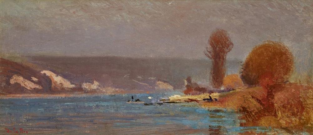 Joseph Delattre comparable auction result: joseph delattre an evening river landscape with boats by the shore