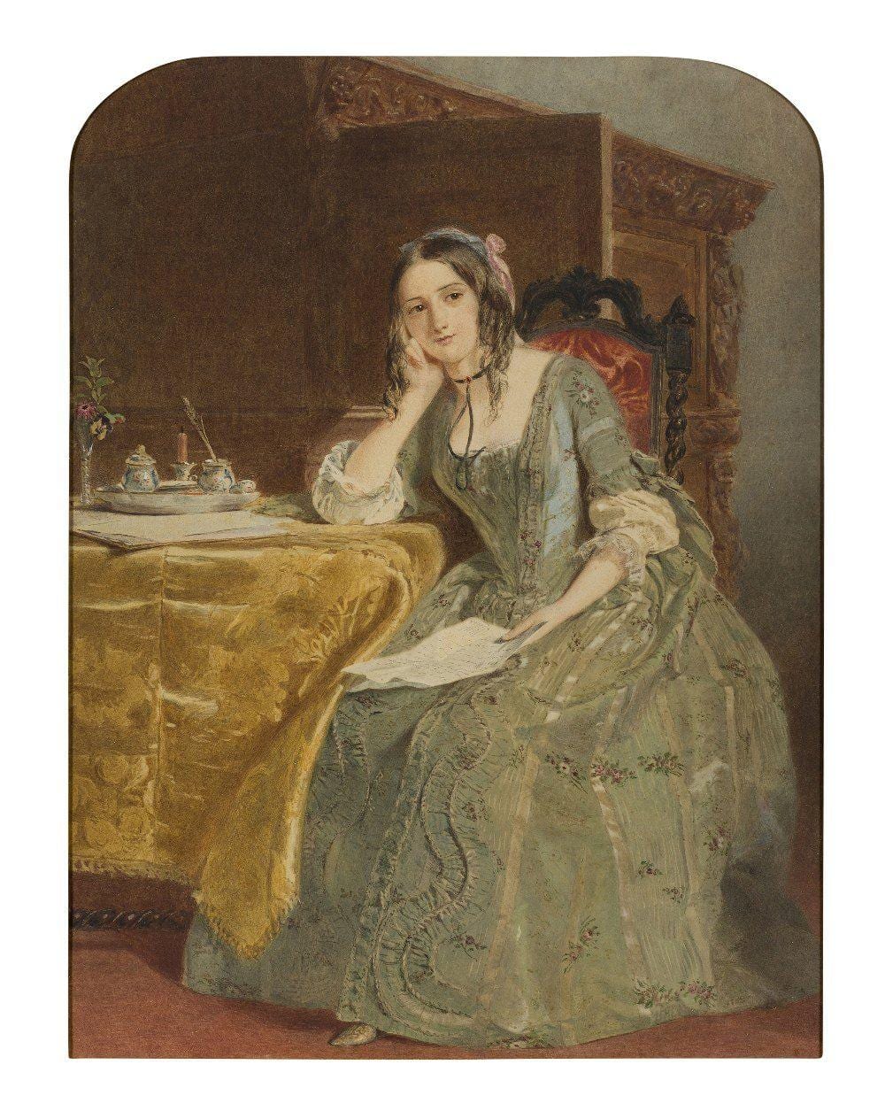 John William Wright comparable auction result: john william wright portrait of a lady seated at a table reading a letter