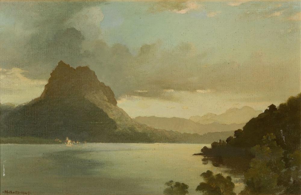 Bertram Nicholls comparable auction result: bertram nicholls a lake landscape with view to a distant town at the foot of the mountains beyond