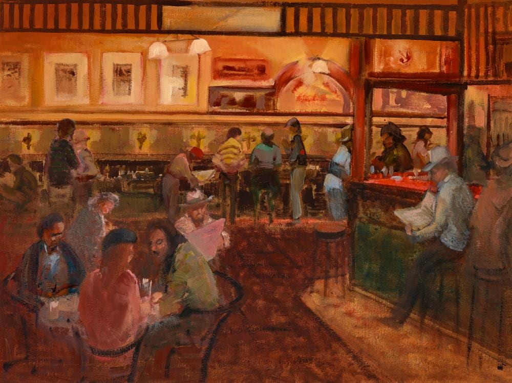 Peter Abraham comparable auction result: peter abraham 1926 2010 in the pub moments with shakespeare oil on canvas on board 44 5 x 59 5 cm frame 67 x 82 x 5 cm