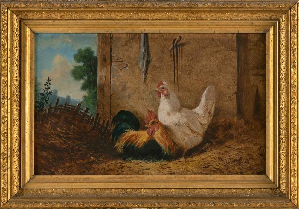 John O'Brien Inman comparable auction result: john o brien inman new york italy 1828 1896 barnyard scene with chickens oil on board 9 x 14 5 framed 12 5 x 18