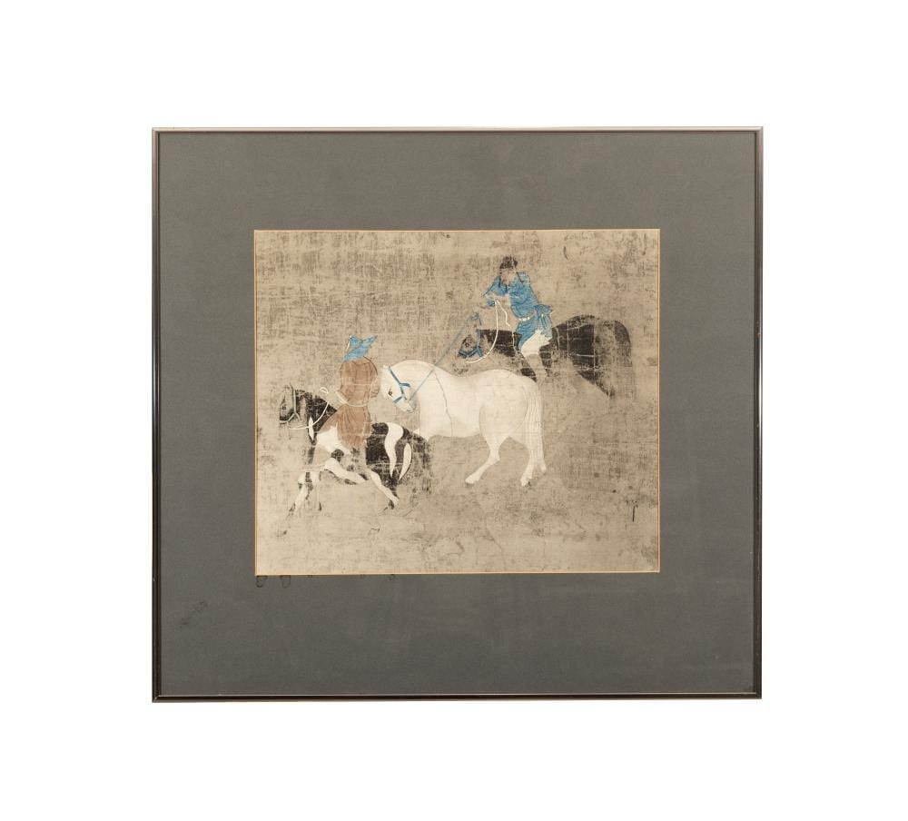 A REPRODUCTION PRINT OF A YUAN DYNASTY PAINTING ON SILK 35.5 x 41.5cm Tribute to Horses original in Indianapolis Museum of Art sold by Adam's, lot 100 — auction record photograph