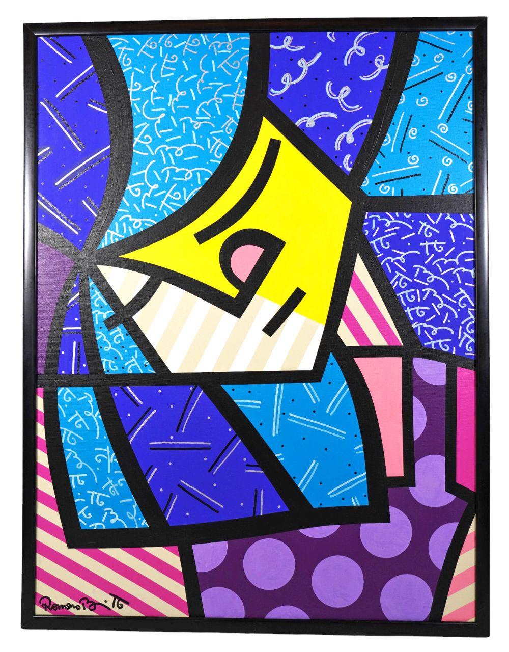 Abstract colorful painting with a yellow central form, patterned blue and purple fields, and bold black lines.