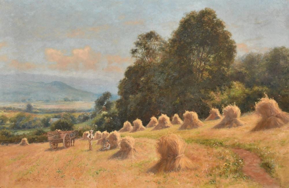 Josiah Clinton Jones comparable auction result: josiah clinton jones 1848 1936 figures resting at harvest time with a distant view beyond oil on canvas s