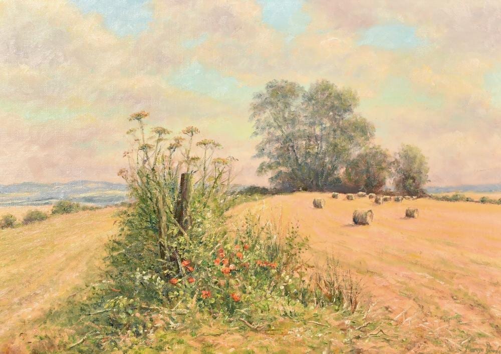 Mervyn Goode comparable auction result: mervyn goode 20 21st century haybales and poppies on the hilltop oil on canvas signed 10 x 14 25 x