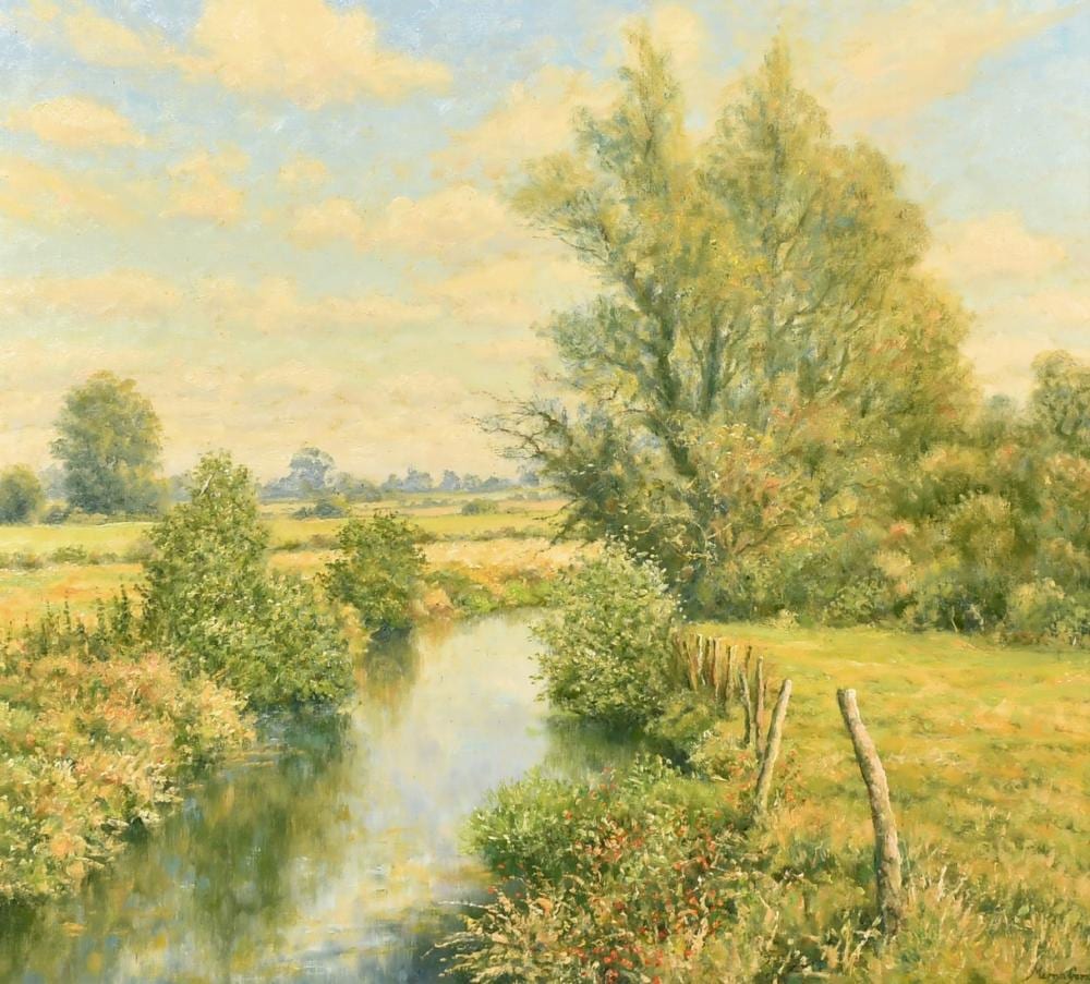 Mervyn Goode comparable auction result: mervyn goode 20 21st century old fenceposts along the summer backwater oil on canvas signed 18 x 20