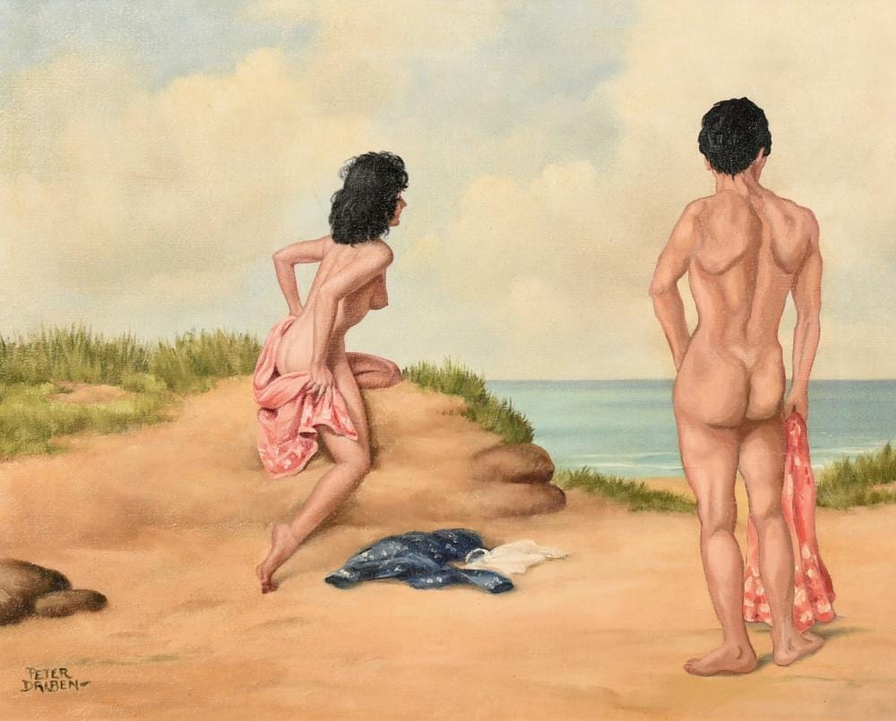 peter driben 1903 1968 a male and female nude in a sand dune looking out to sea oil on canvas signed 16 · John Nicholson's Fine Art Auctioneers & Valuers · 2024-02-20 Peter Driben comparable auction result: peter driben 1903 1968 a male and female nude in a sand dune looking out to sea oil on canvas signed 16