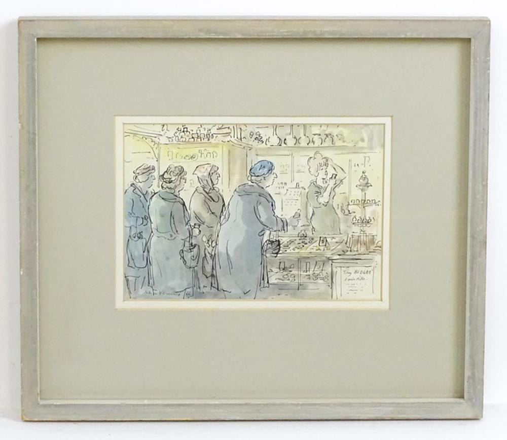 john verney 1913 1993 watercolour and ink at the chemists ladies queui · Claydon Auctioneers · 2024-02-26 John Verney comparable auction result: john verney 1913 1993 watercolour and ink at the chemists ladies queui