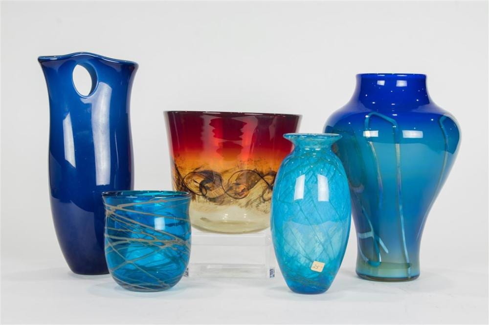 Michael Nourot comparable auction result: a group of four michael nourot art glass vases and paperweight