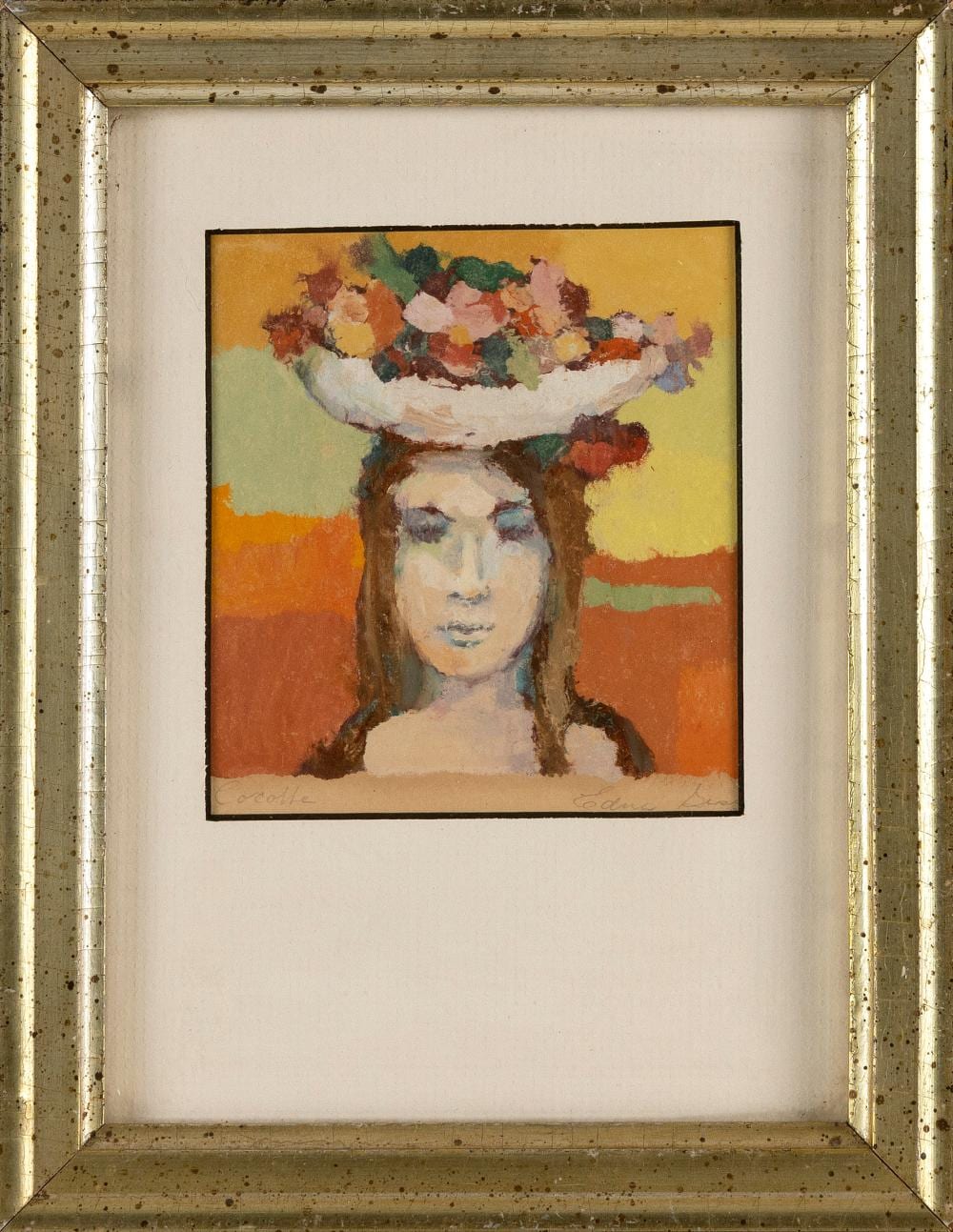 Edna Gass comparable auction result: edna gass america 20th century cocotte a portrait of a woman balancing fruit atop her head monoprint 4 5 x 4 5 framed 9 x 7 25