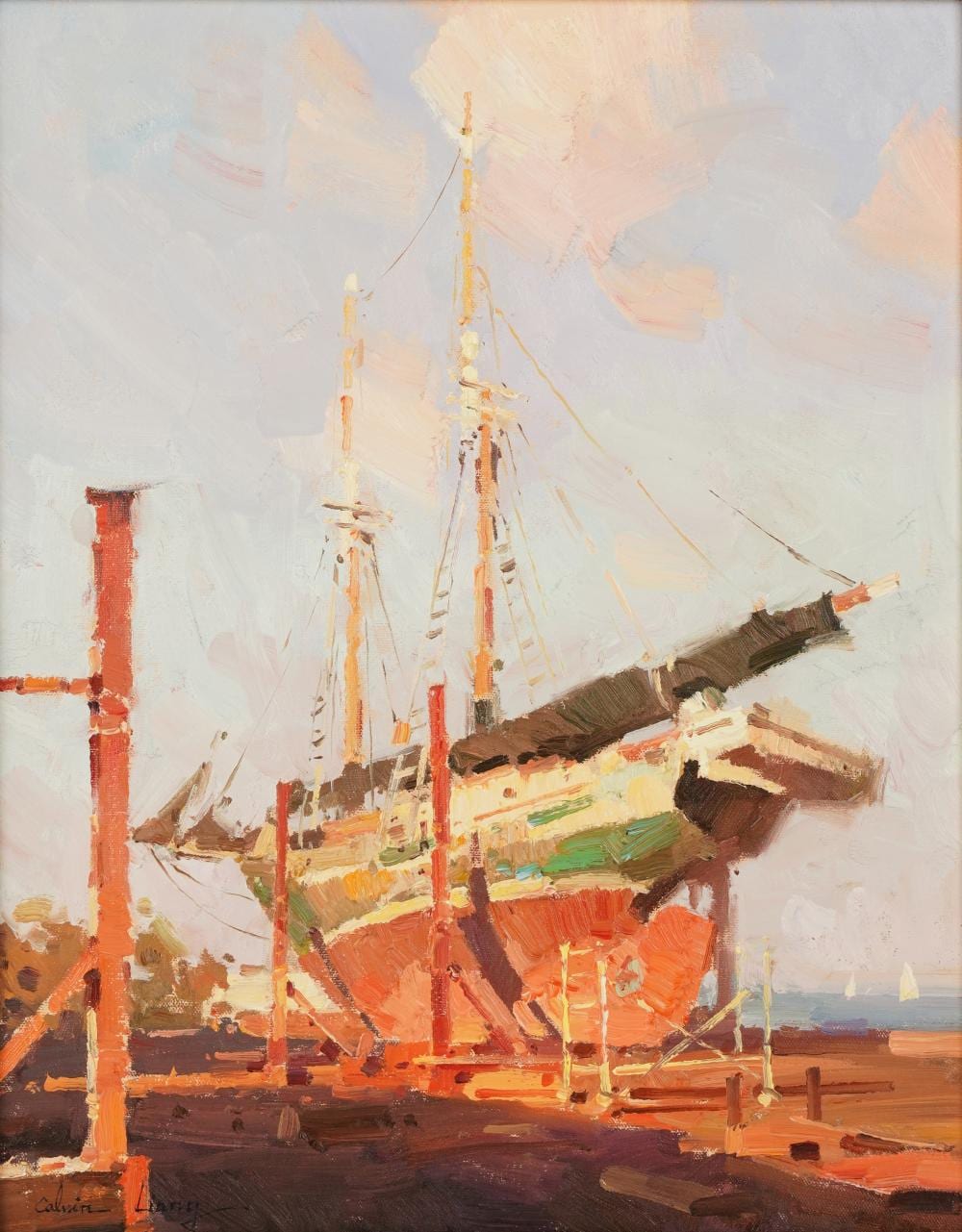 Calvin Liang comparable auction result: calvin liang b 1960 docked sailboat