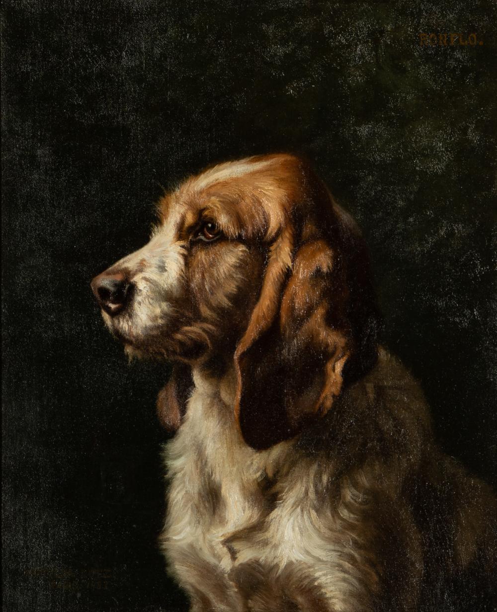 Portrait painting of a brown-and-white dog standing against a dark background, shown from the chest up looking left.