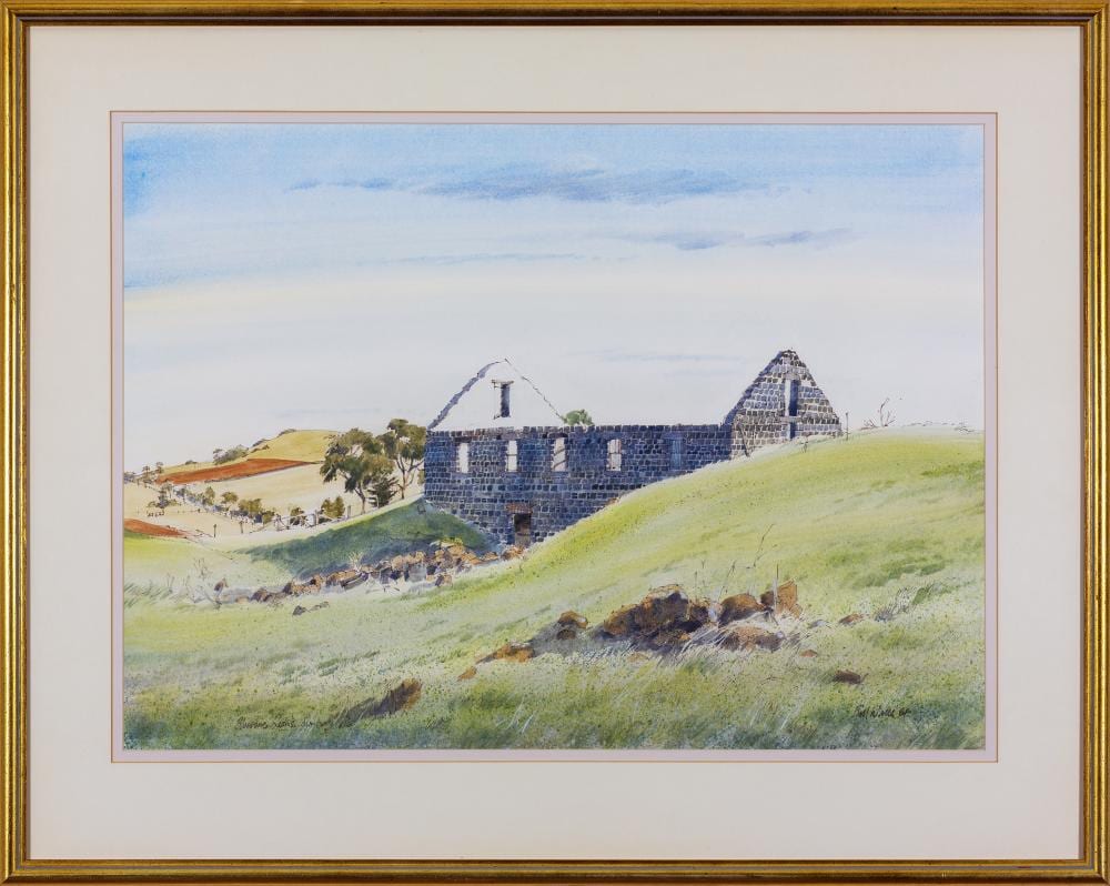 Bill Walls comparable auction result: bill walls 1940 bluestone ruins sunbury 1984 watercolour 54 x 75 cm frame 76 5 x 96 cm
