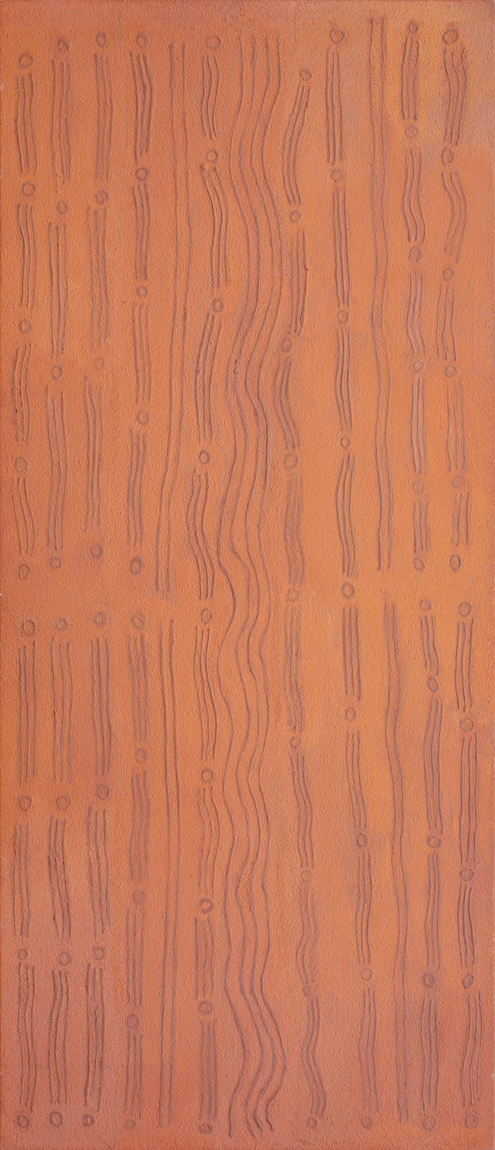 Dorrie Gibson comparable auction result: dorrie gibson 1964 grandmas camp area 1997 natural ochres on canvas 213 x 90 cm