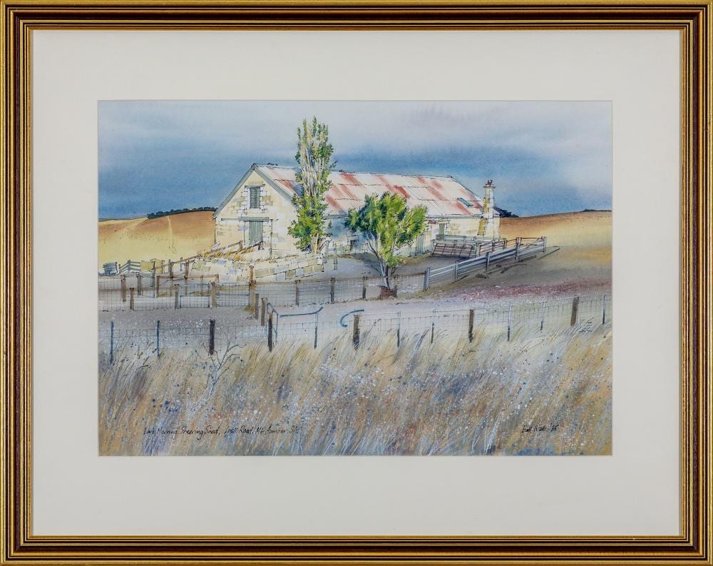 Bill Walls comparable auction result: bill walls 1940 early morning shearing shed mount gambier sw watercolour 37 x 54 cm frame 59 x 74 cm