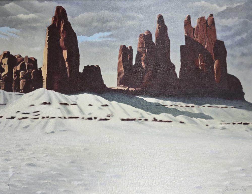 James Lee comparable auction result: james lee winter monuments oil on board