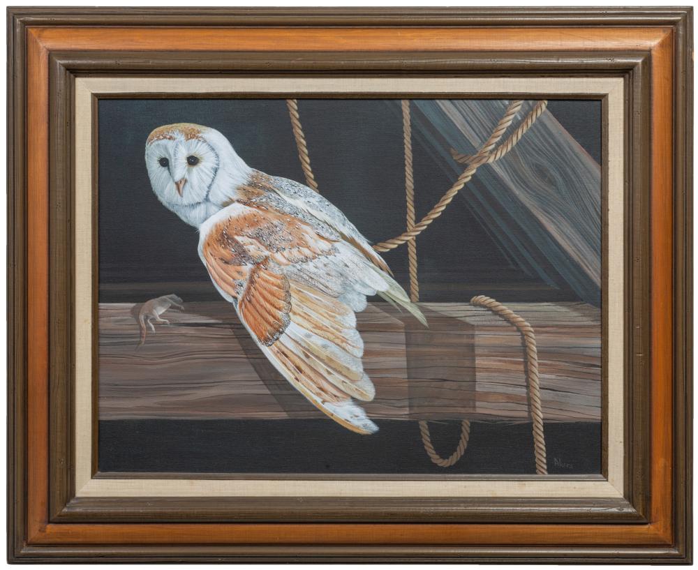 John Akers comparable auction result: john akers american louisiana 1944 2006 barn owl with mouse h 18 in w 24 in framed h 26 1 4 in w 32 in