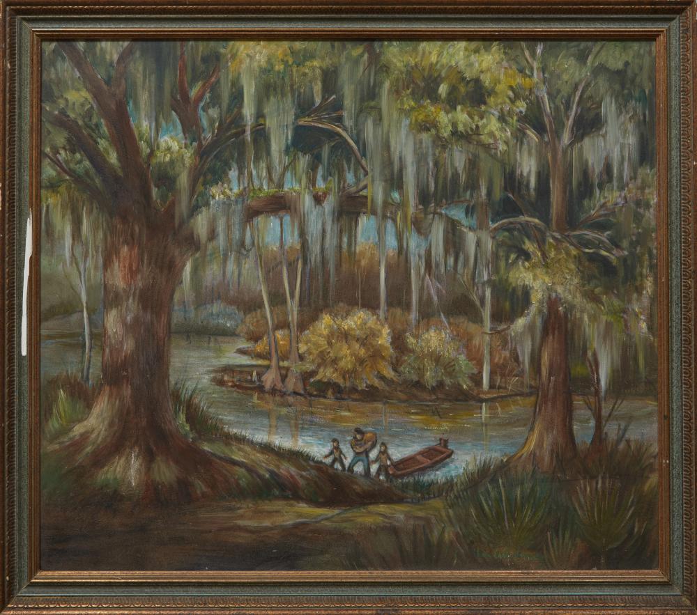 Ben Earl Looney comparable auction result: ben earl looney american louisiana 1904 1981 swamp scene with figures exiting a pirogue h 19 1 4 in w 23 3 4 in framed h 22 in w 26 in