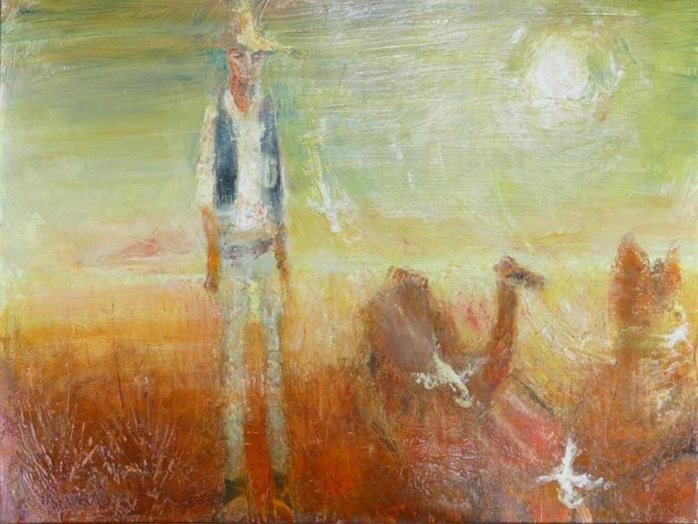 keith michell 1928 2015 oil painting of cowboy figure on desert scene 75cm x 100cm · Potteries Auctions · 2024-03-09 Keith Michell comparable auction result: keith michell 1928 2015 oil painting of cowboy figure on desert scene 75cm x 100cm