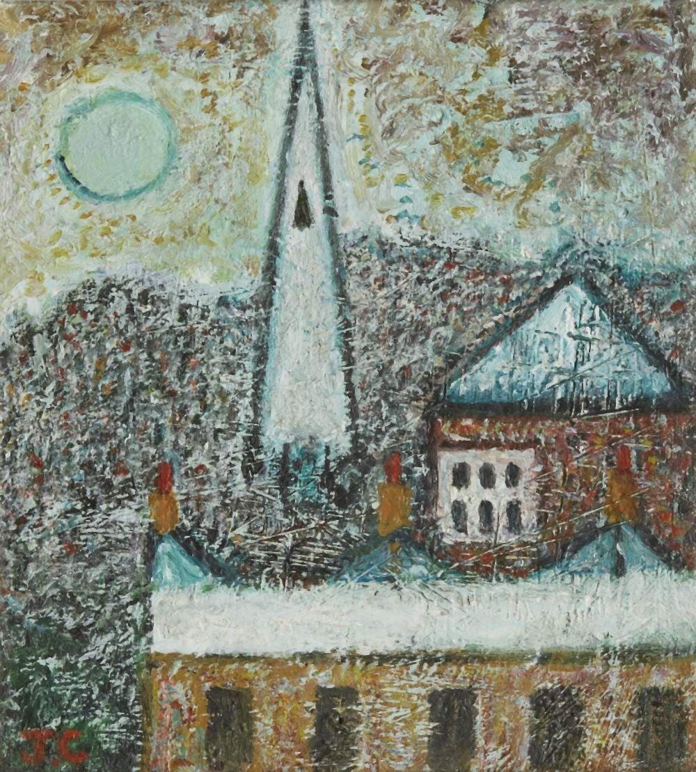 john christopherson british 1921 1996 steeple and moon 1970 oil o · Roseberys · 2024-03-12 John Christopherson comparable auction result: john christopherson british 1921 1996 steeple and moon 1970 oil o