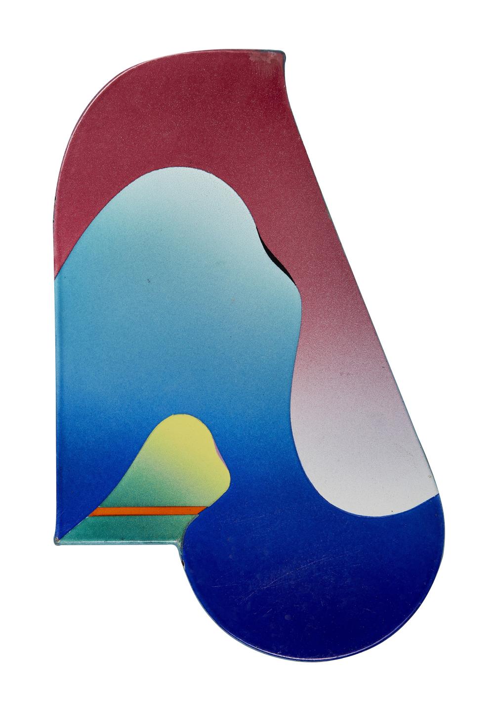Color enamel abstract artwork with layered red, blue, and white forms and a small yellow-green hill shape.