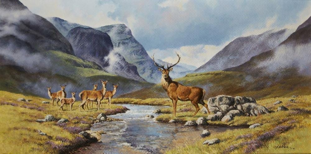 Terence Gilbert comparable auction result: terence gilbert british b 1946 stag and herd of deer 1988 oil on c