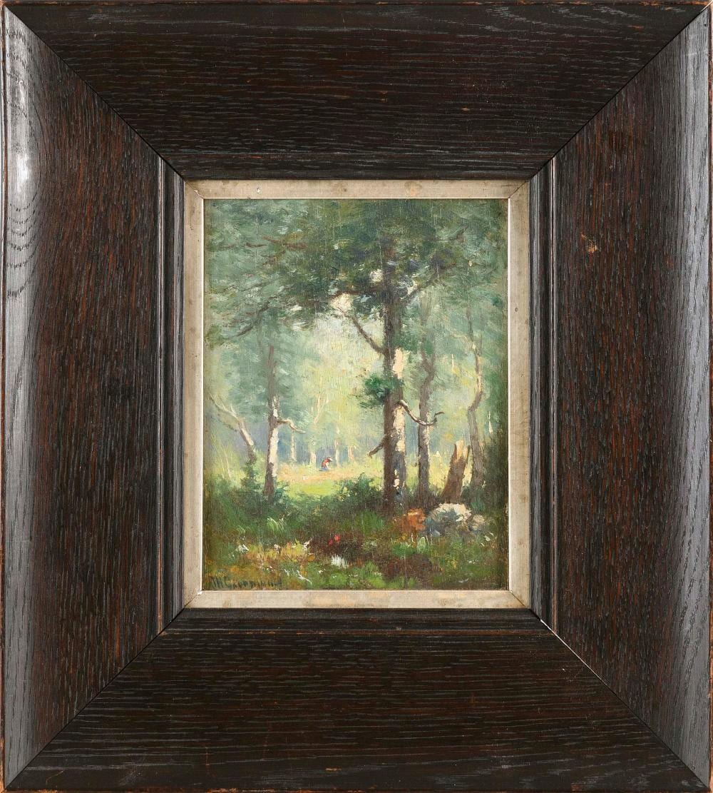 Joseph H. Greenwood comparable auction result: joseph h greenwood massachusetts 1857 1927 the clearing oil on wooden cigar box top 7 x 5 5 framed 12 5 x 11