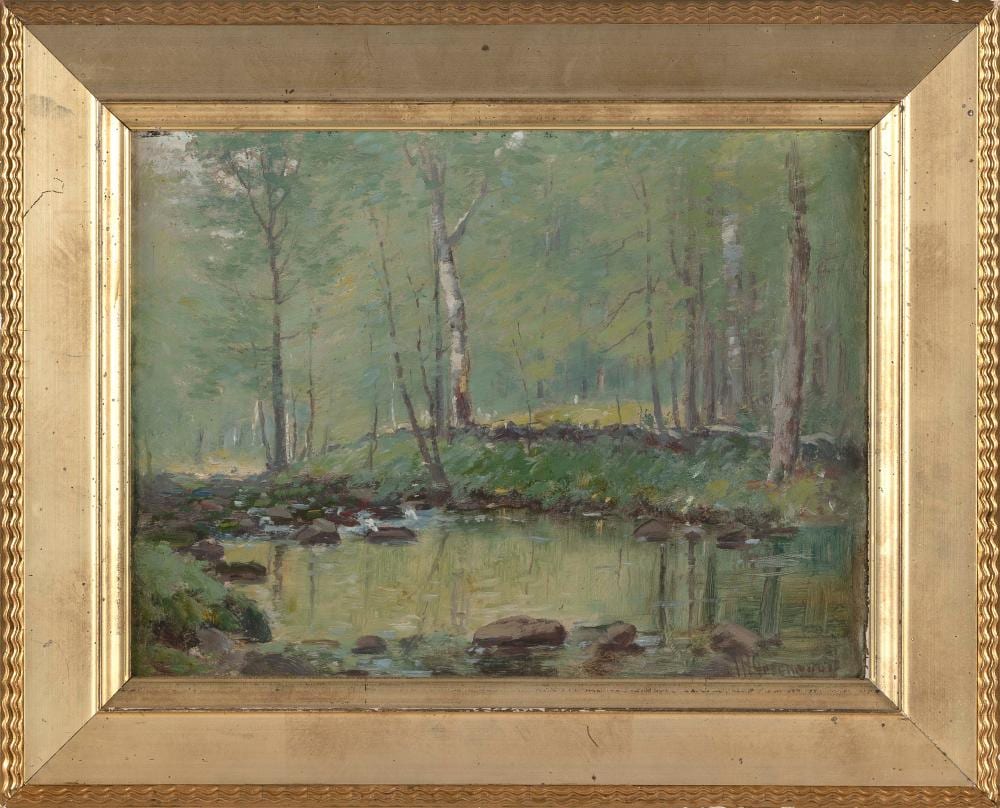 Joseph H. Greenwood comparable auction result: joseph h greenwood massachusetts 1857 1927 spring landscape with stream oil on board 12 x 16 framed 17 x 21