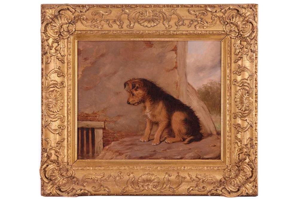 Martin Theodore Ward comparable auction result: martin theodore ward 1799 1874 inquistive a dog looking at a drain initialled bottom right oil on canvas 26 x 31 cm framed 39 x 44 cm