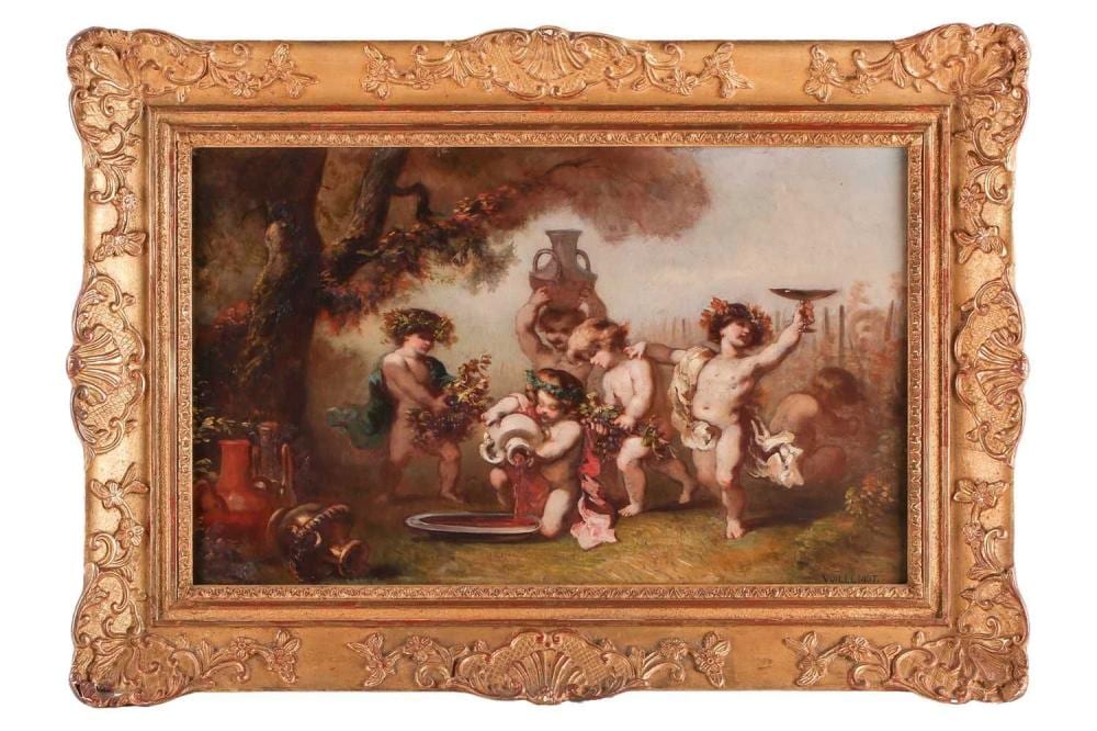 Charles Voillemot comparable auction result: charles voillemot 1822 1893 french putti preparing wine signed oil on panel 35 cm x 56 5 cm in a later giltwood frame frame 52 cm x 73cm