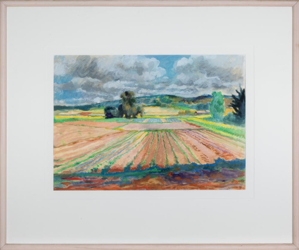 Ena Joyce comparable auction result: ena joyce ploughed fields watercolour 40x 58cm frame size 75 x 90cm