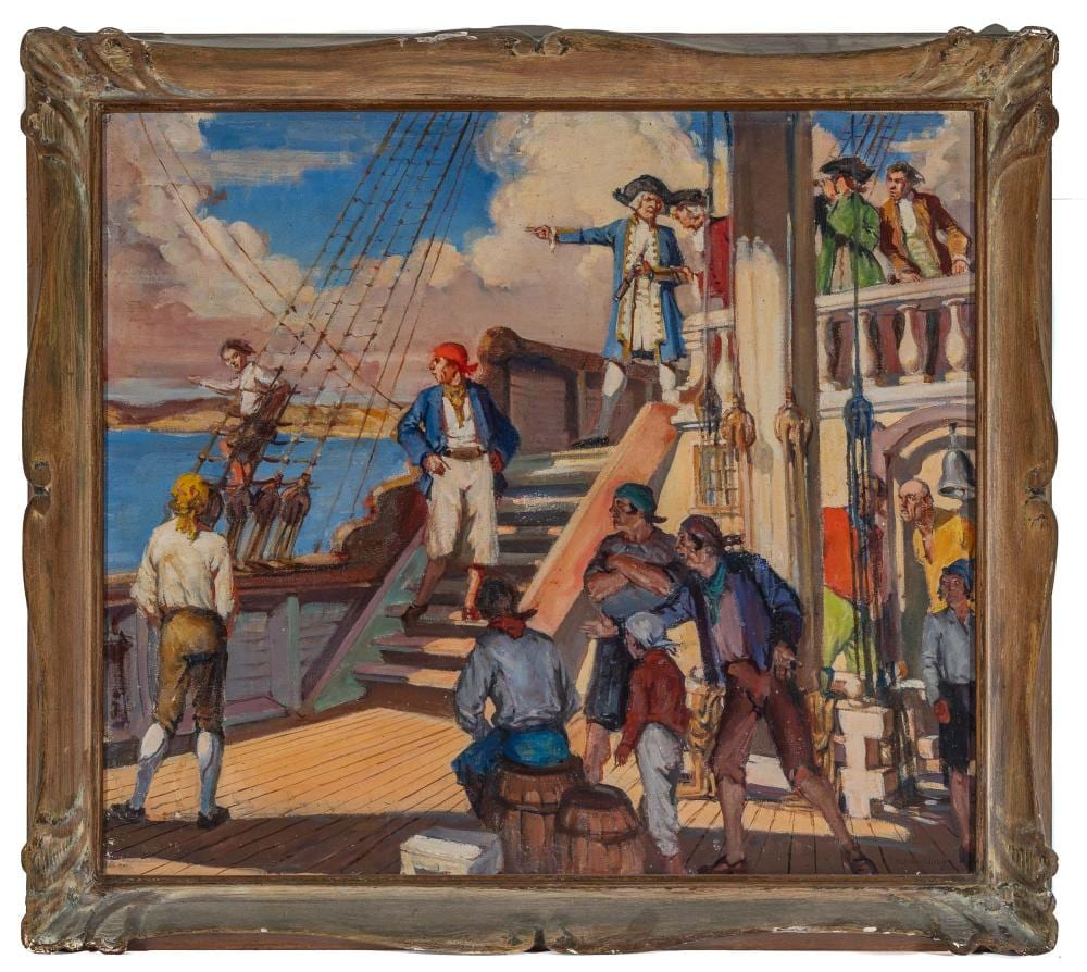 Raymond Lindsay comparable auction result: raymond lindsay untitled pirate scene oil on board 60x 75cm