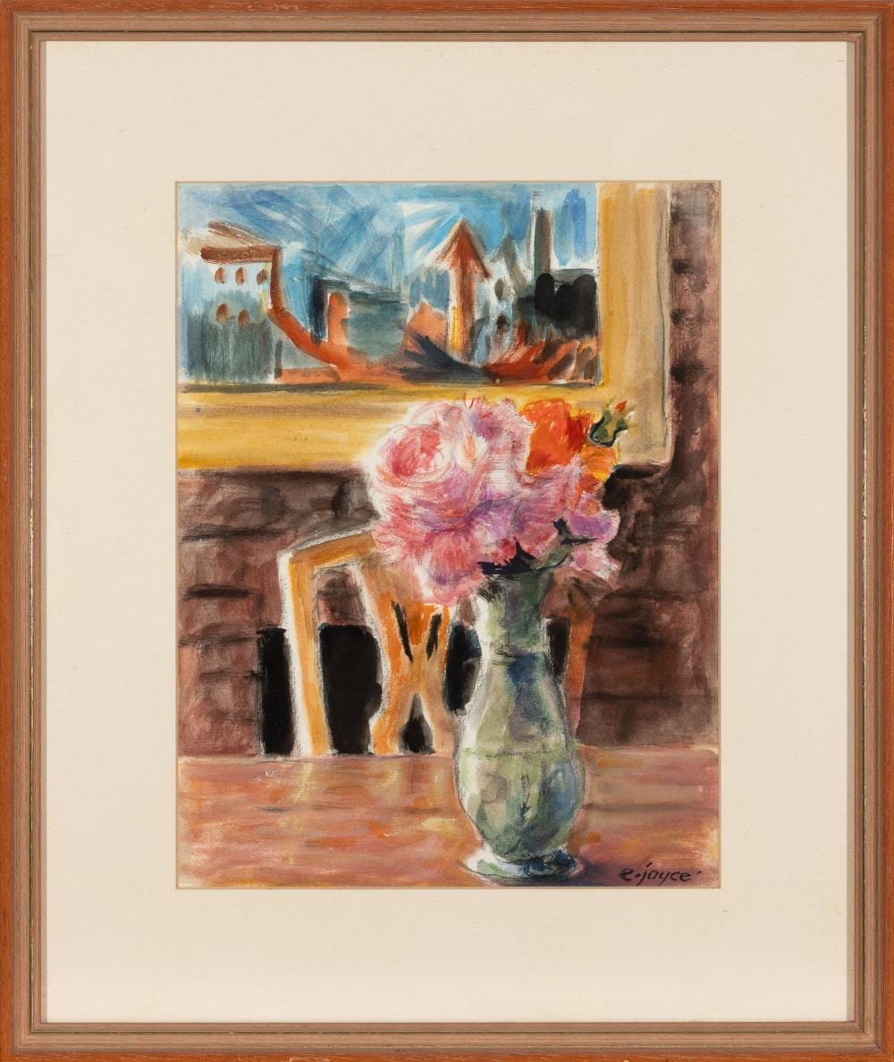 Ena Joyce comparable auction result: ena joyce still life with pink roses watercolour 29 x 22cm frame size 44 x 37cm