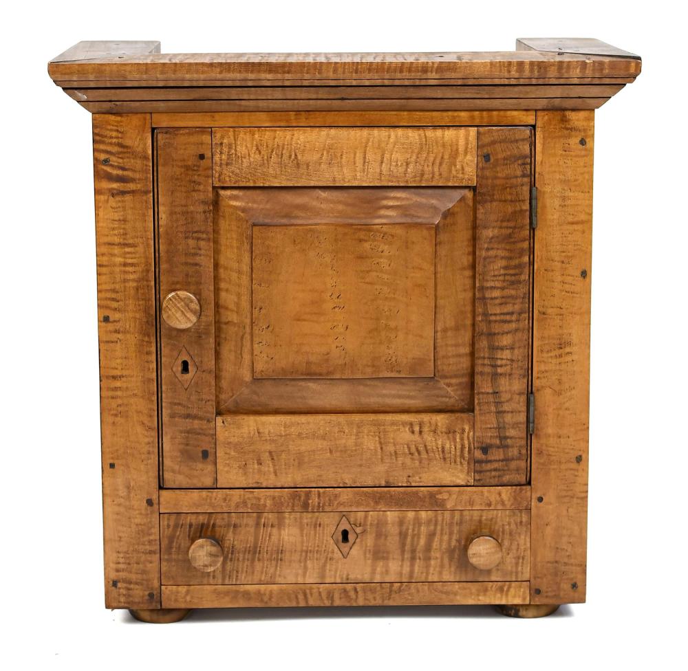 VINTAGE BENCH MADE TIGER MAPLE CABINET. sold by William Smith Auctions, lot 320A — auction record photograph