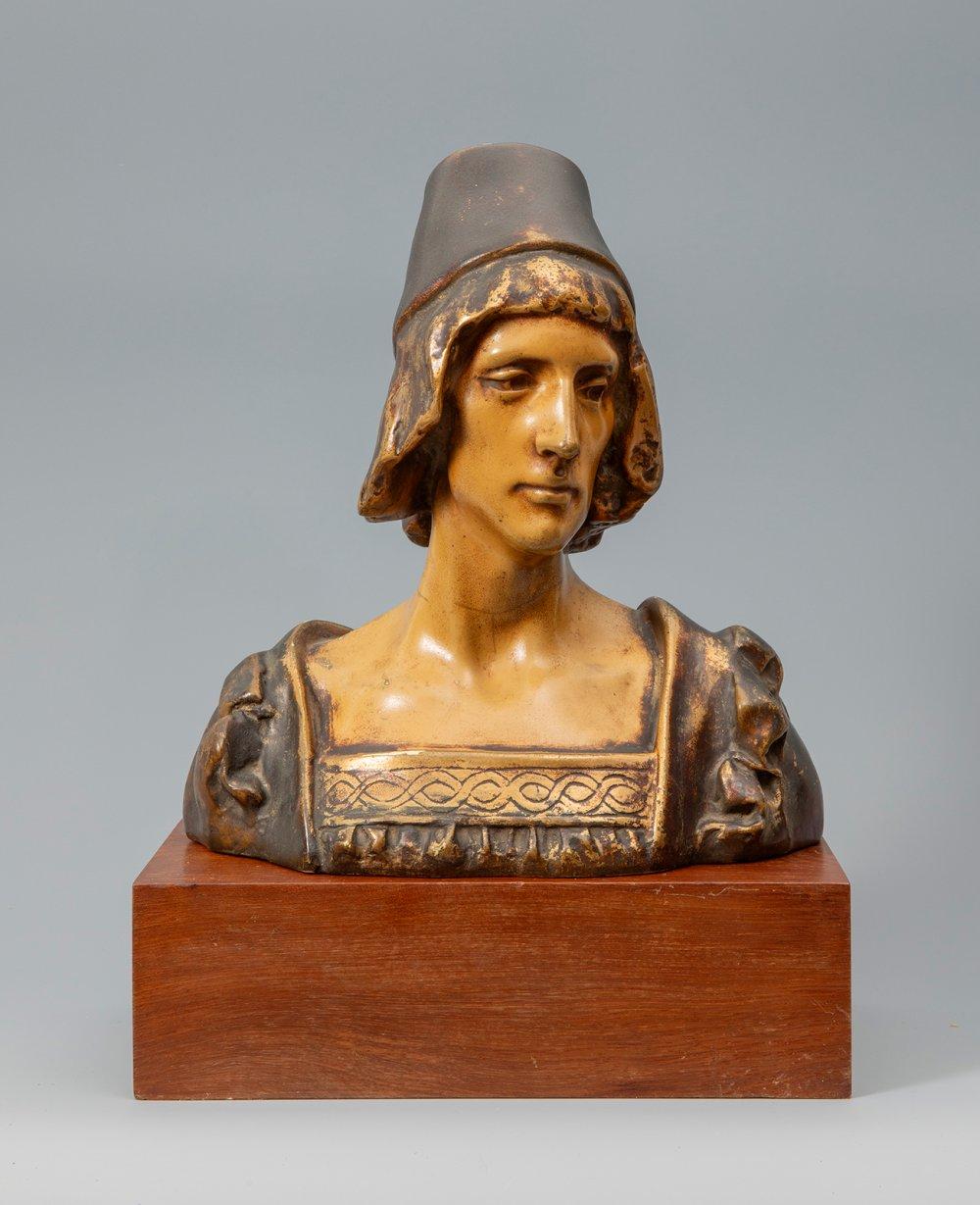 Josep Llimona Bruguera comparable auction result: josep llimona bruguera barcelona 1864 1934 medieval character bust in polychrome wood with esteva cia stamp on the back wooden base
