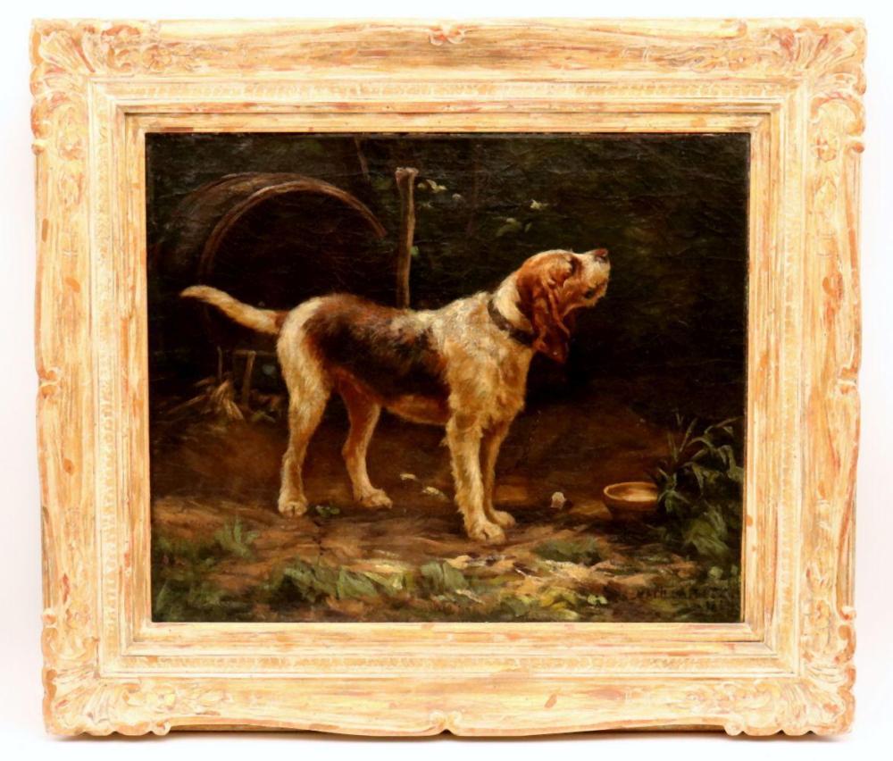 Framed oil painting showing a brown dog standing in a dark forest-like scene with grass on the ground.